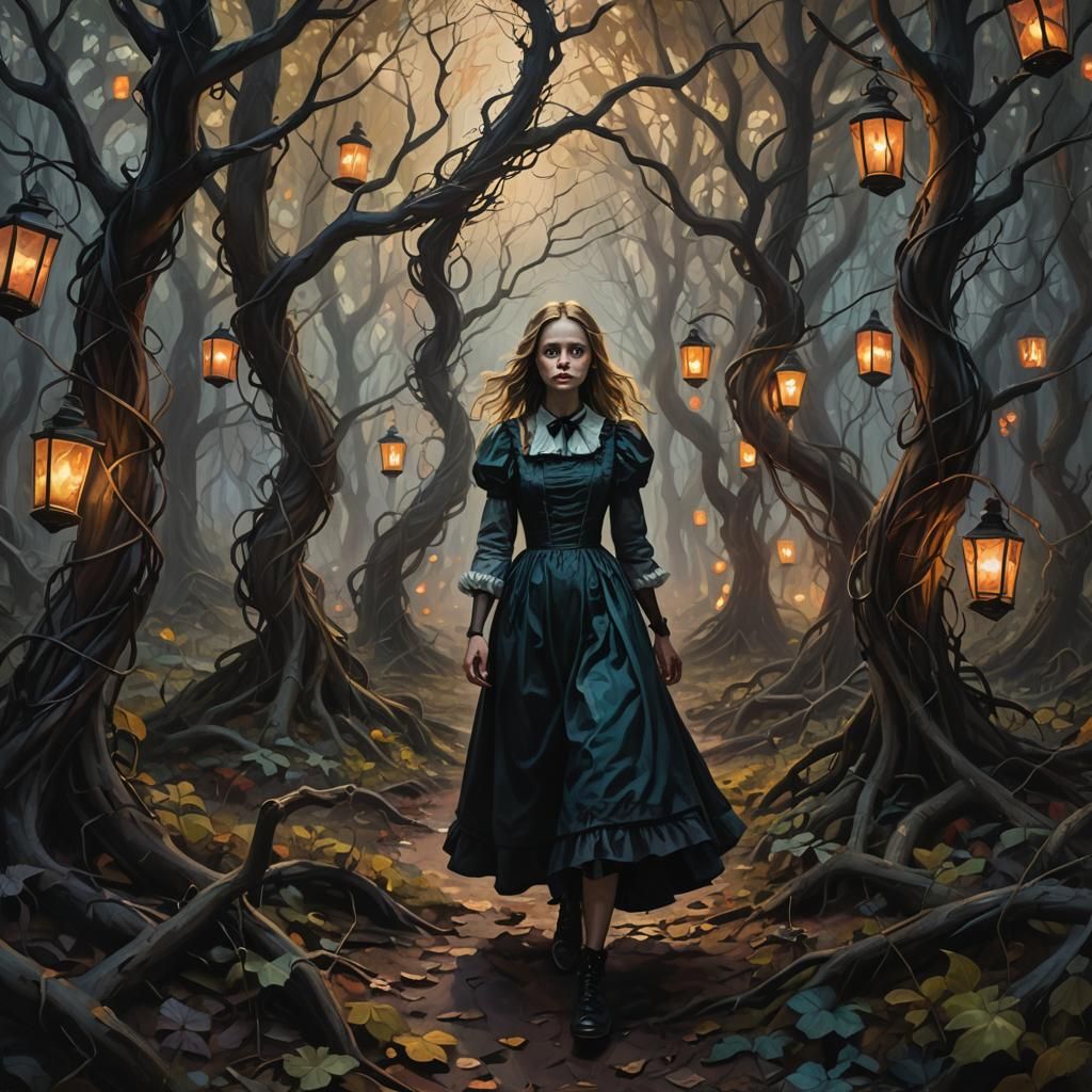 Eerie Wonderland: Alice in Twisted Forest as Oil Painting