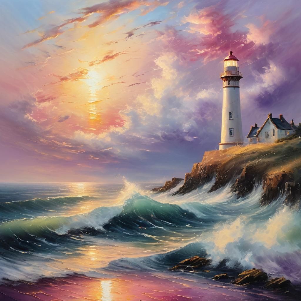 A lighthouse set against the backdrop of a stunning sunset, The lighthouse is tall and majestic, its ...  by @Amanda Haury