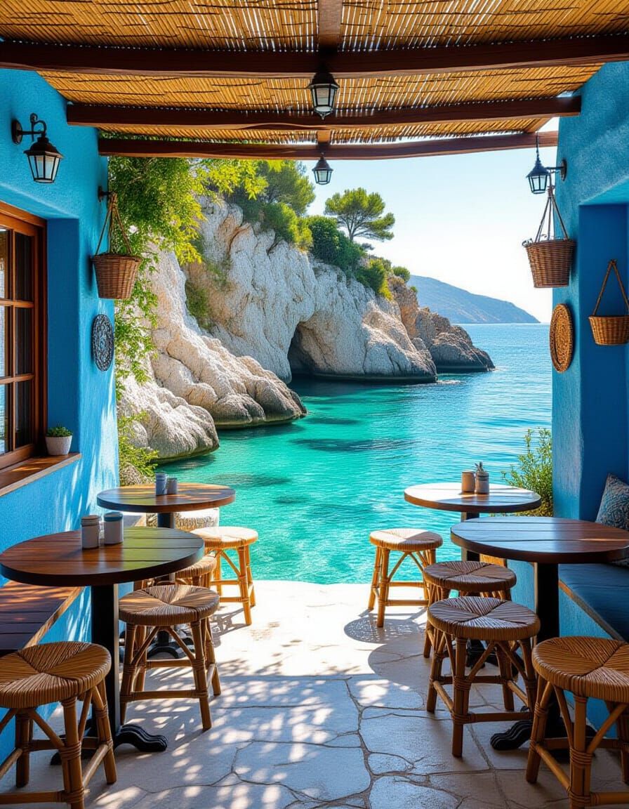 Cozy Seaside Cafe with Turquoise Water View