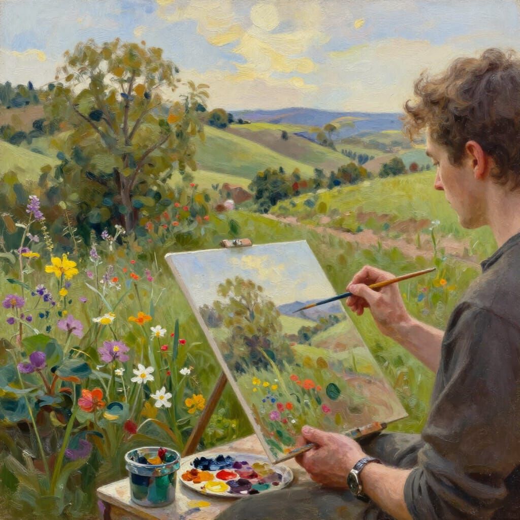 Artist Paints Serene Landscape in Realistic Oil Style