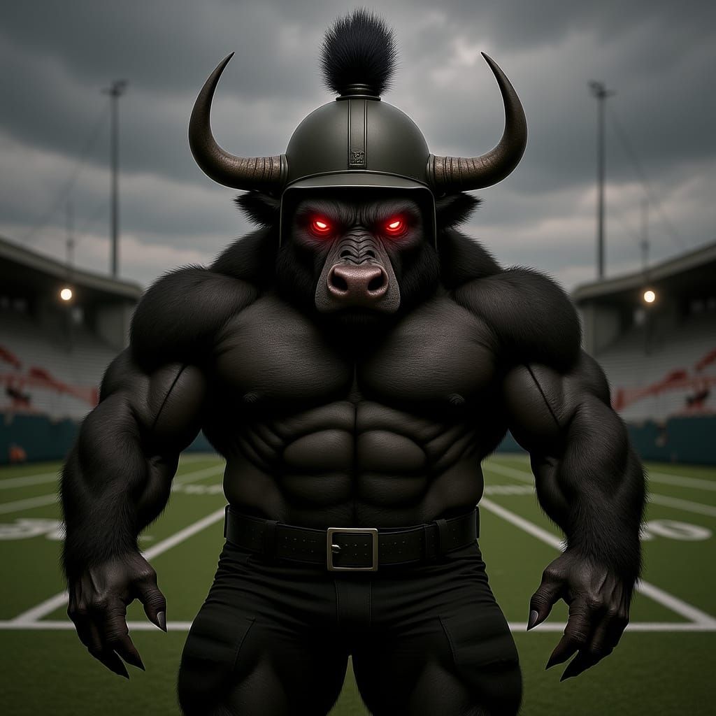 Muscular Bull Bodybuilder on Football Field