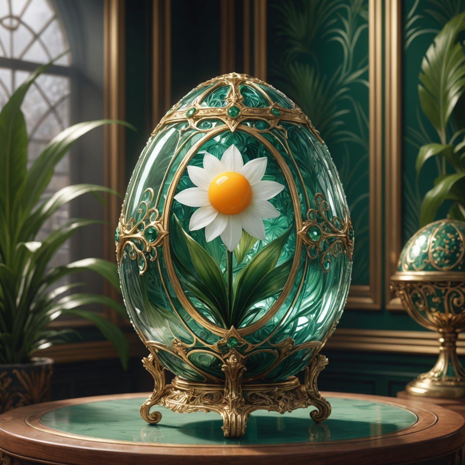 Based on The Fabergé Winter Egg create me an Egg in the sane style and extream quality in 8k, everything should be set in a  beautiful hand...