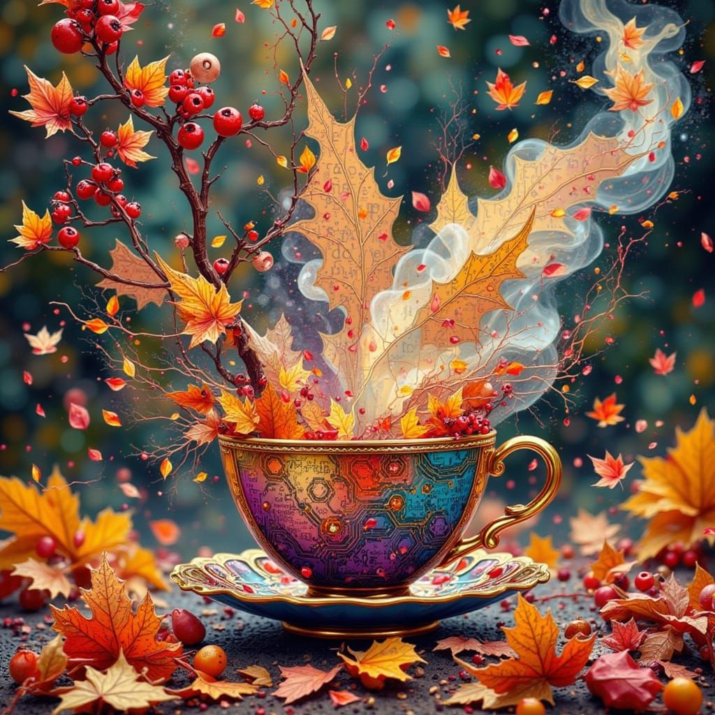 <lora:Weird:1.0> "ornate fall leaf ((teacup filled with fall leaves)) and a branch with red berries. ” rising transparent steam nature sceni...