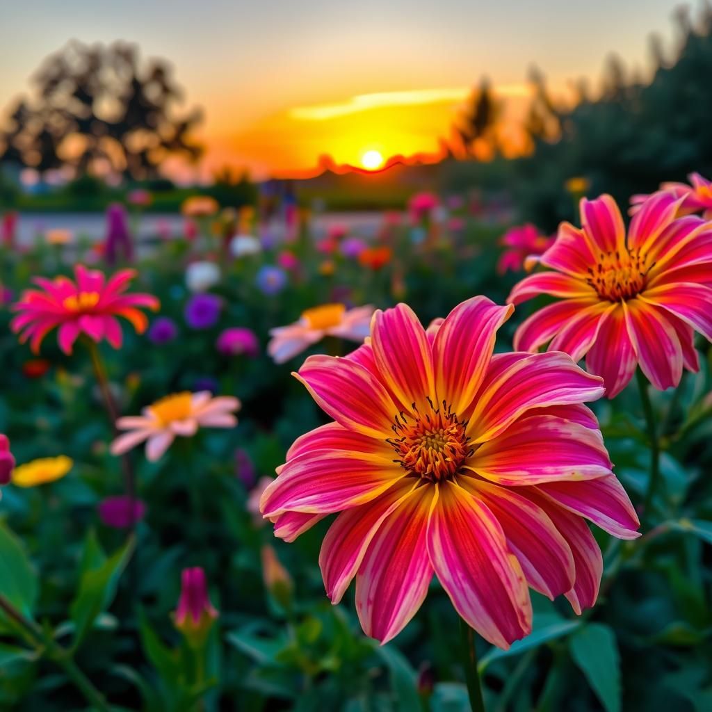 A daliah flowers in a garden at sunset