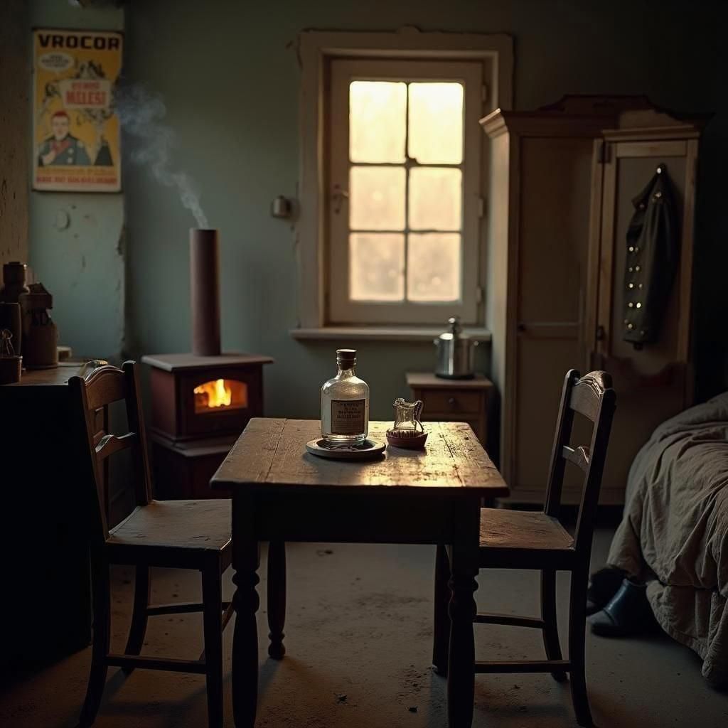 A small russian army officer's bedroom in the 1940s. A rickety wooden table in the center, with an ashtray and a still burning cigarette, a...