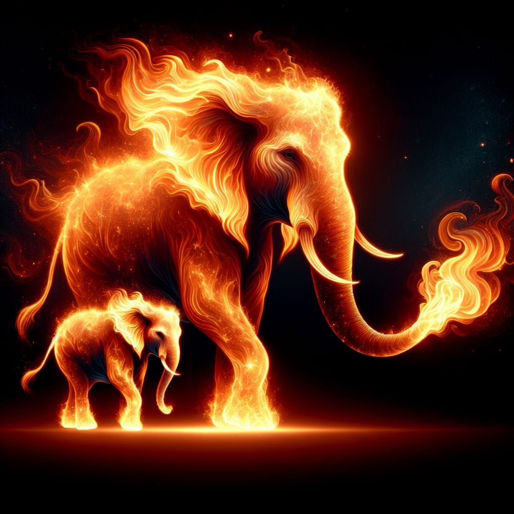 fire elephant and her young.   by @Ylona