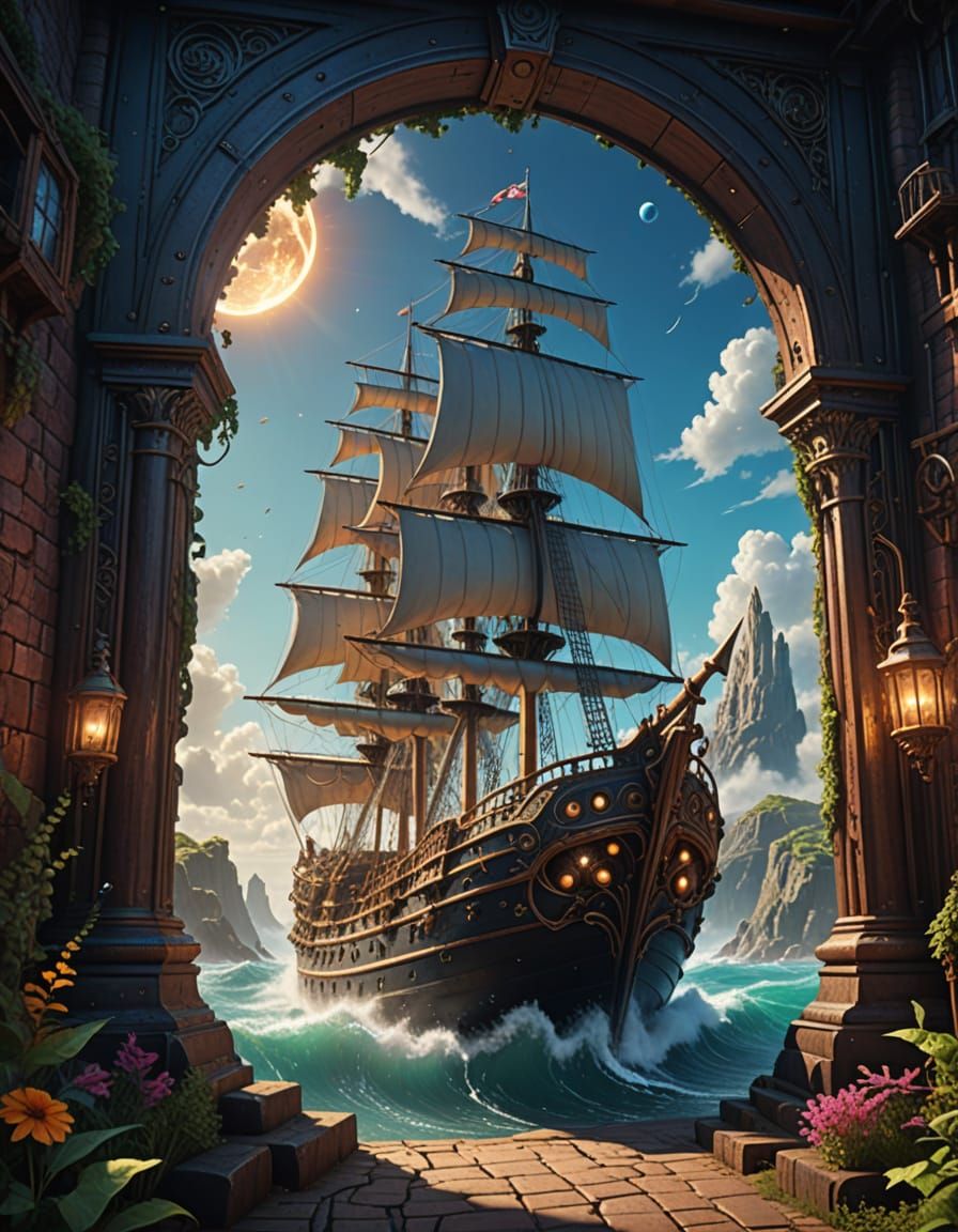 A majestic sailing ship entering a magical portal to another world