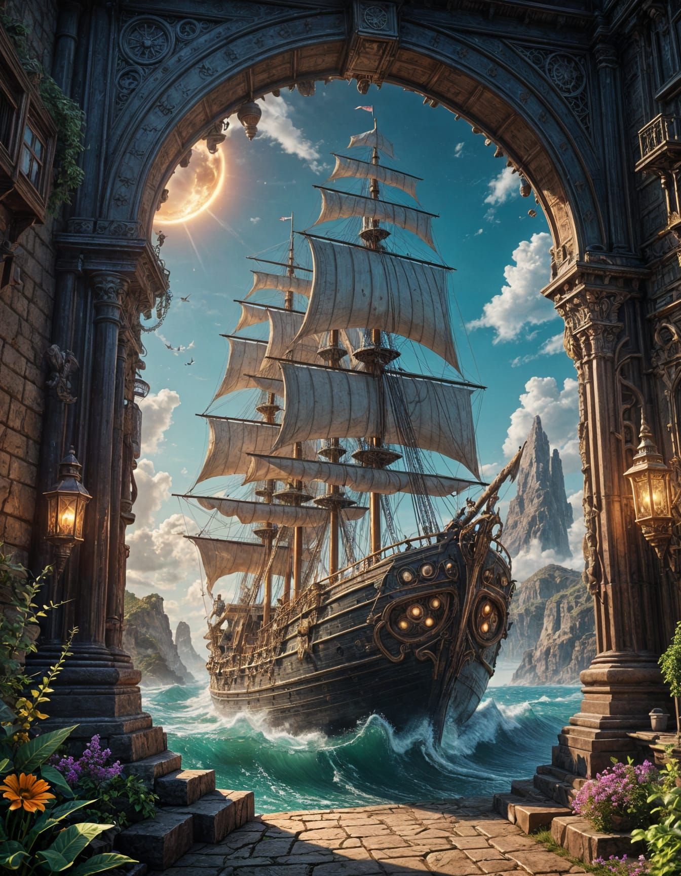 A majestic sailing ship entering a magical portal to another world  by @Saya jolly