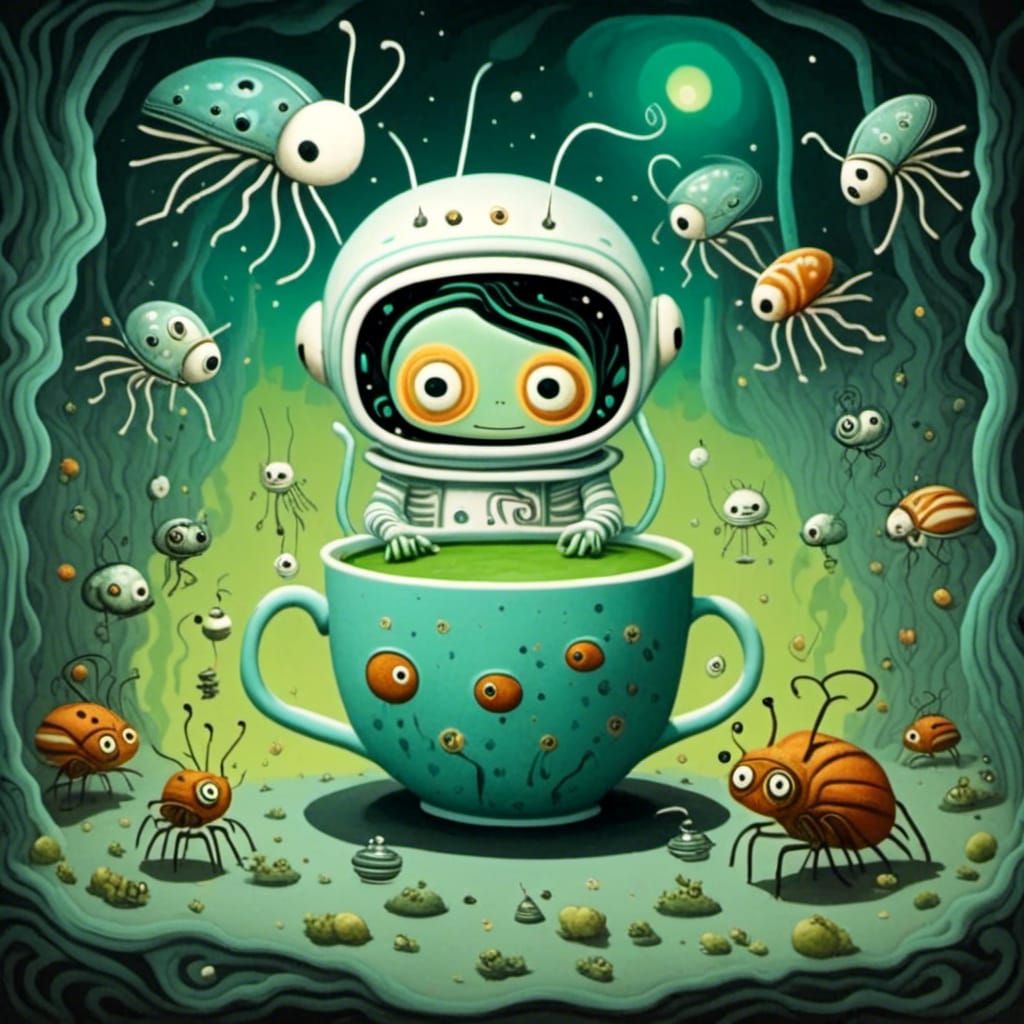 <lora:White Light:1.0> Astronaut with a cup of tea surrounded by large curious bug aliens in a cave 