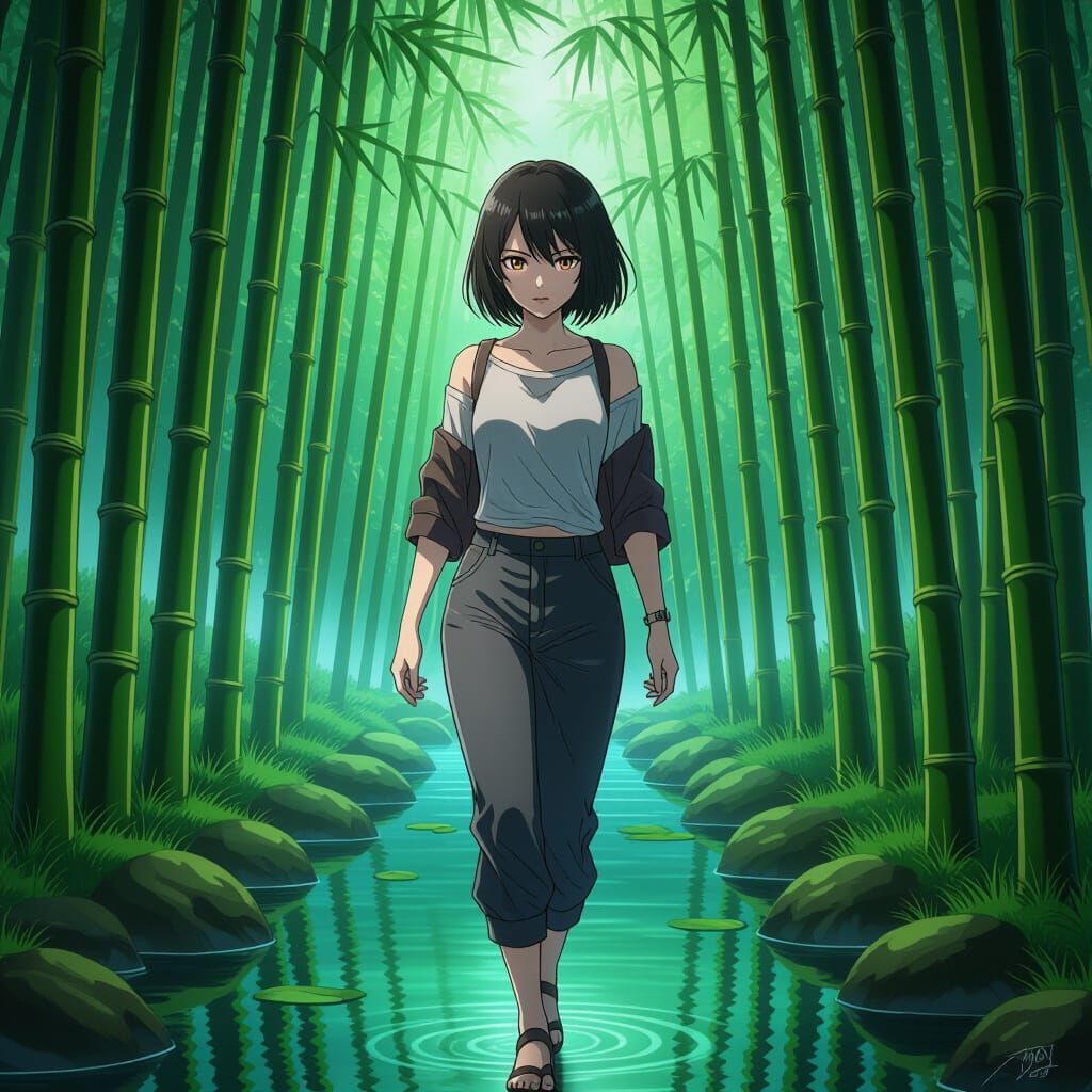 Futuristic Thai Woman in Serene Bamboo Garden