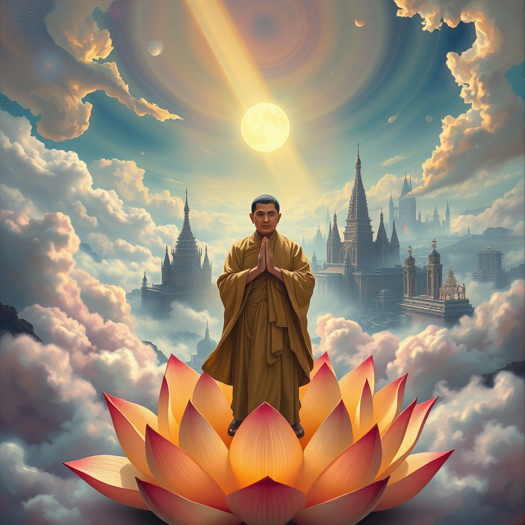 Monk Meditating in Dreamscape with Cyberpunk Elements