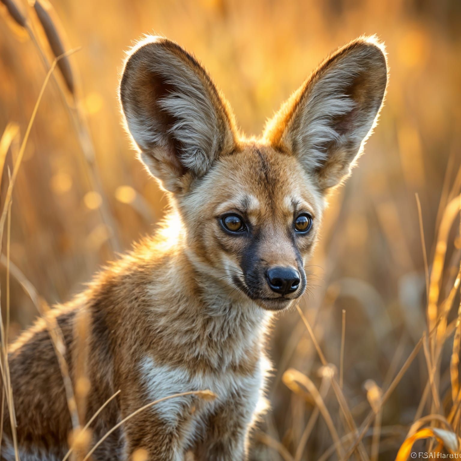 Hyper realistic photo of a Cute animal that resembles a hybrid between an African wild dog, coyote, fennec ...  by @MontyWallance