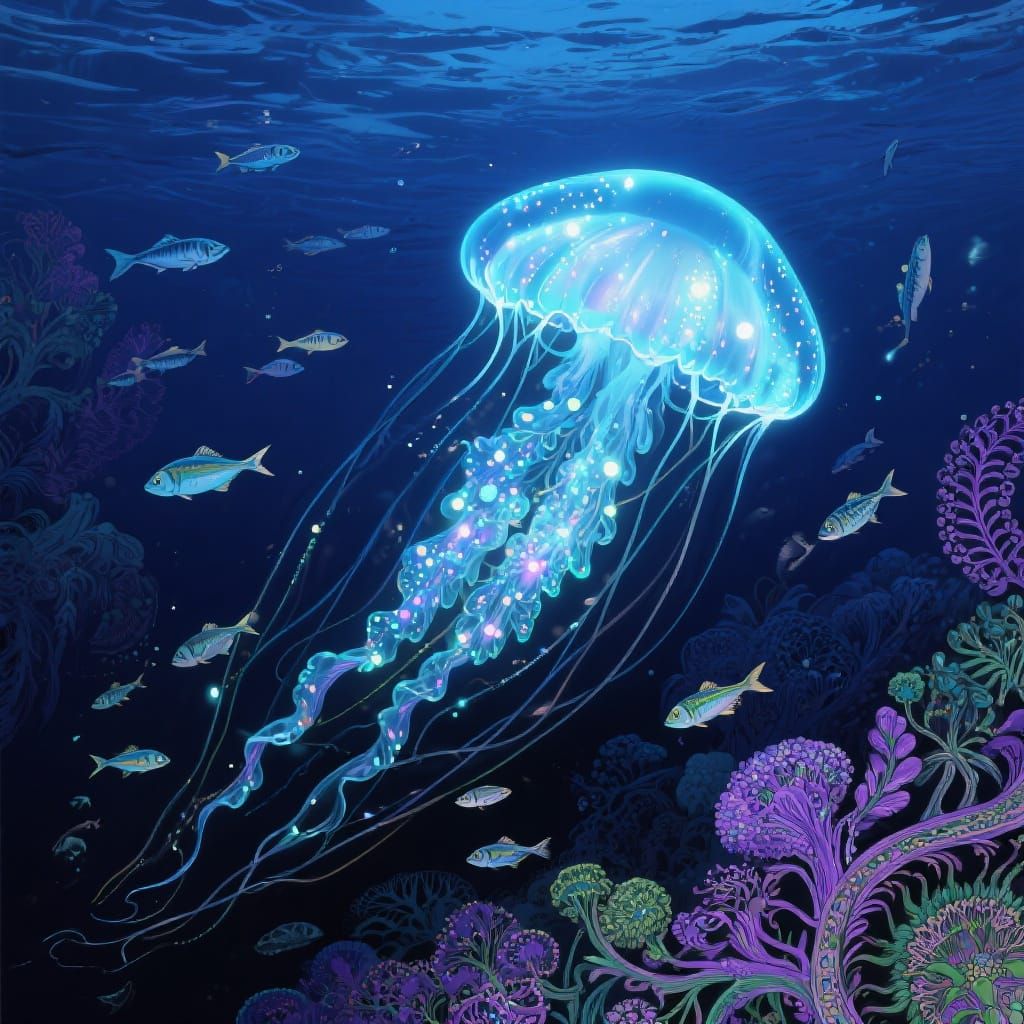 Bioluminescent Jellyfish in Vintage Illustration Style