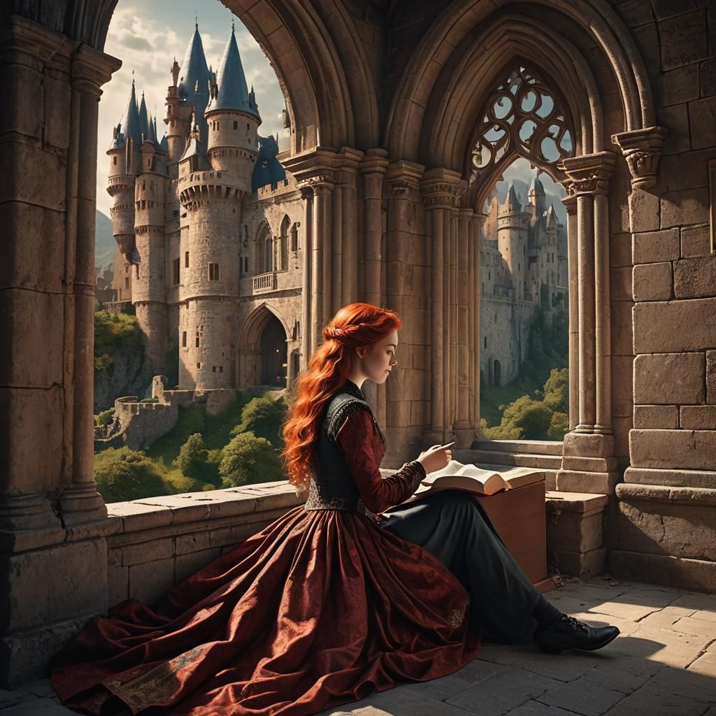 Red heared young lady sitting near a castle’s window  and re...