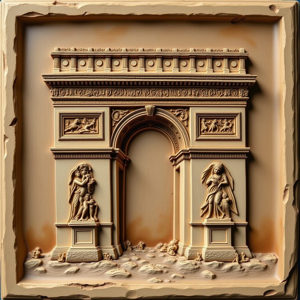 <lora:tavoletta:1.0> close-up of a bas-relief in the form of the Arc de Triomphe on an old wooden pencil