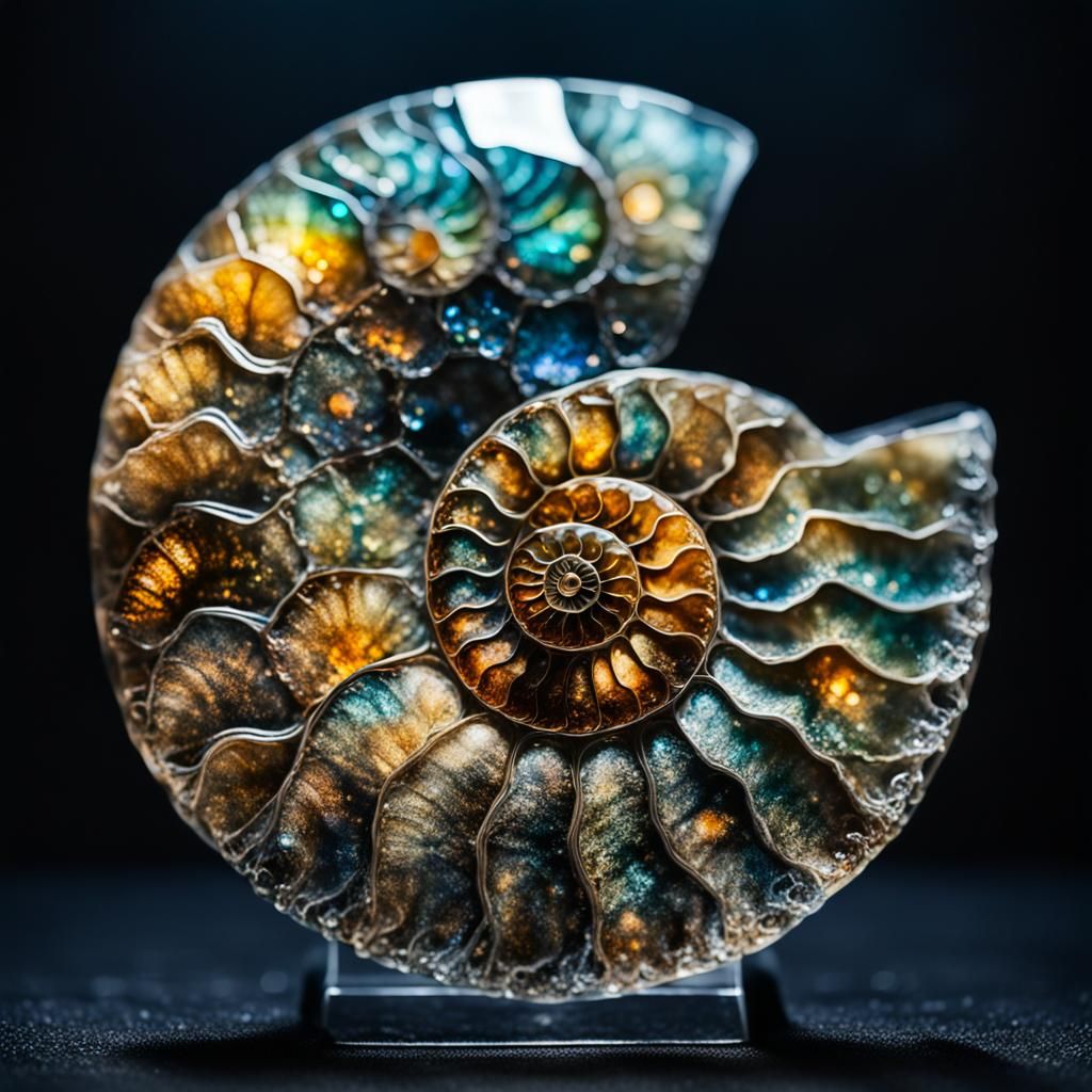 fossil ammonite made of translucent glittering glass, the background is black  by @Orge_Maus