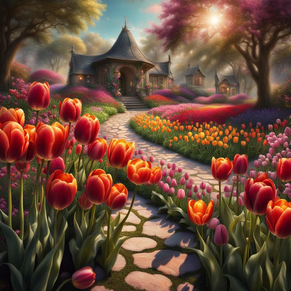 A sun-drenched garden filled with vibrant tulips of every color ...