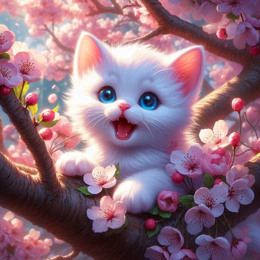 White Kitten in Blooming Cherry Tree, a series