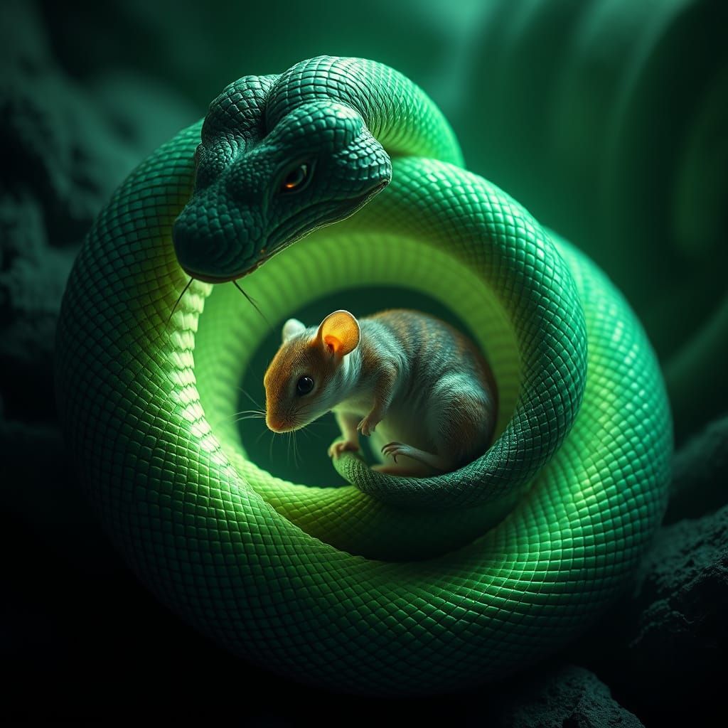 Emerald Serpent Protects Mouse in Surreal Fantasy