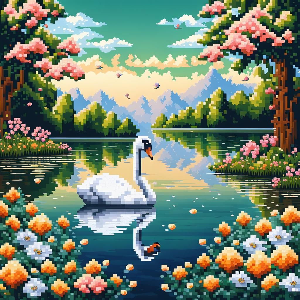 A wide view illustration in pixel art of a High detailed swa...