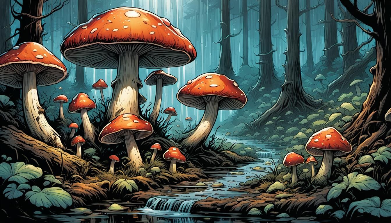 Luminescent Forest Mushrooms in Comic Book Art Style