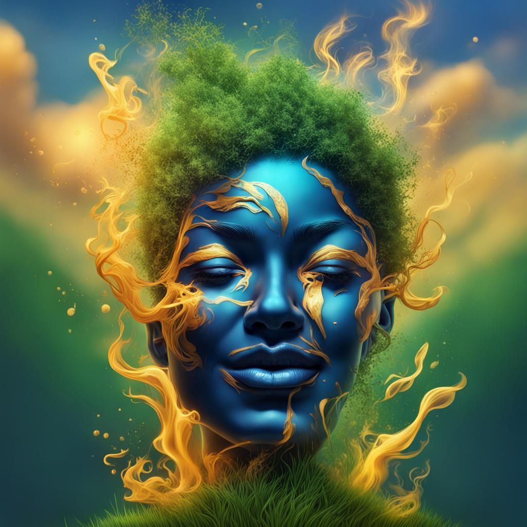 Golden smoke, deep blue background, happy face, green grass,...
