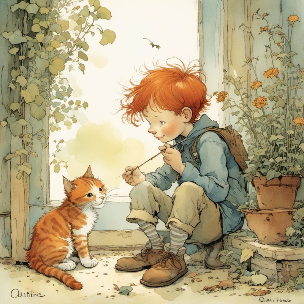 cute redhead freckled boy pets his ginger cat, by Quentin Bl...