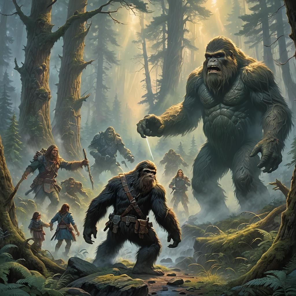 adventurers locked in combat with a sasquatch looking thing