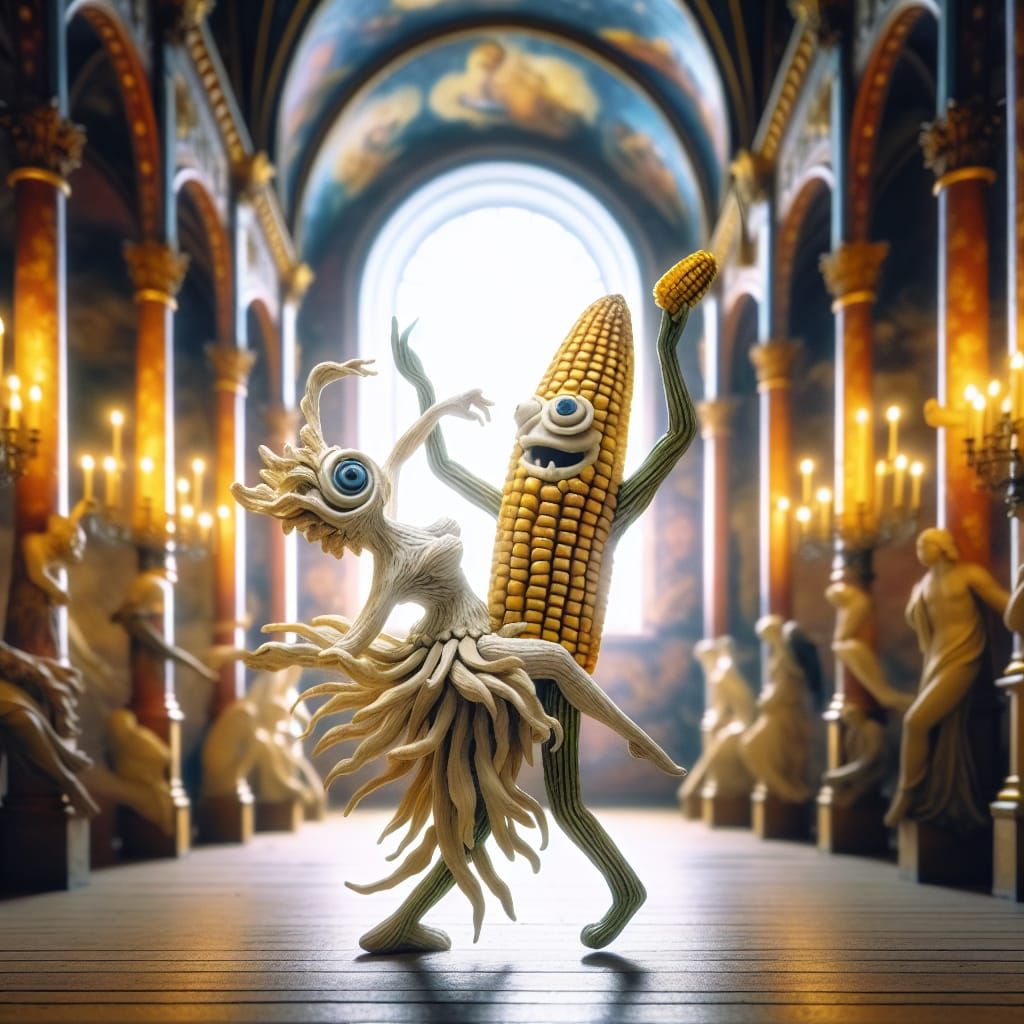 An anthropomorphic Corncob God Dirty Dancing with a Creature...
