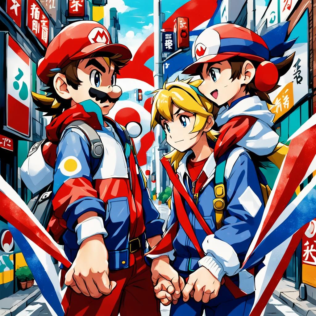 Mario and Ash from Pokemon holding hands walking down the st...