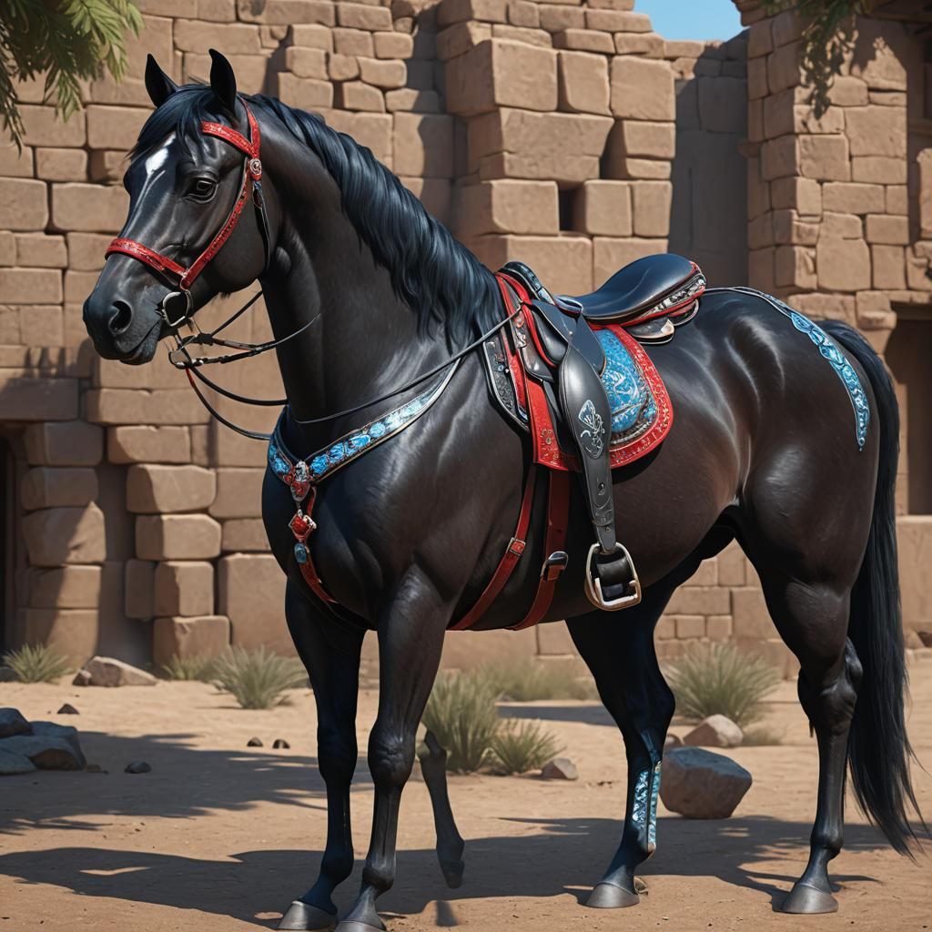 Stunning Portrait a Pure Black Arabian Mare with crystal blu...