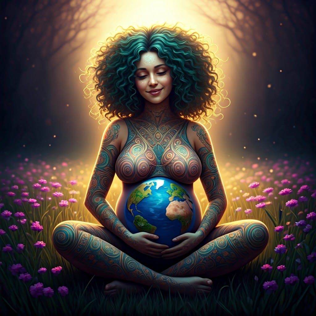 a smiling, curly green haired woman with a rotund pregnant belly that looks like a globe of the earth ...  by @Christina Gourlay