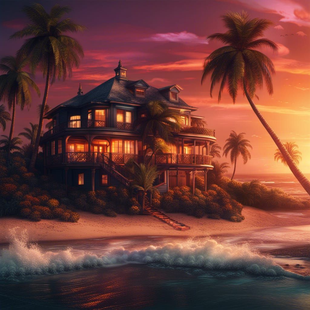 Palm tree paradise sunset dimly lit beach house near ocean d...