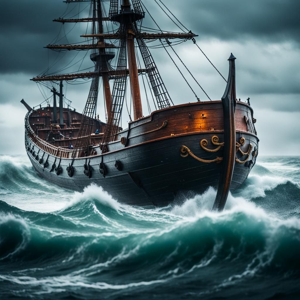 Viking ship in raging sea with rain and stormy weather