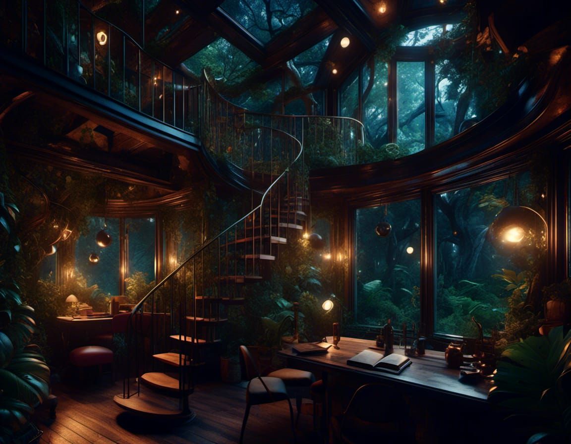 "night dark magical exterior jungle treehouse window cinematic <lora:shoopunk:1.0> overgrown interior treehouse | books | cafe treehouse int...