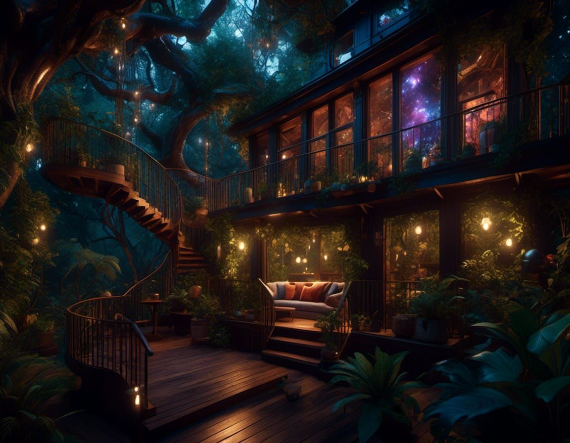 "night dark magical exterior jungle treehouse window cinematic <lora:shoopunk:1.0> overgrown interior treehouse | books | cafe treehouse int...