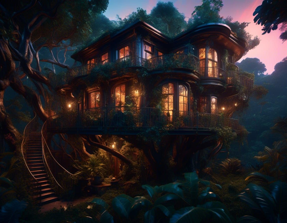 "night dark magical exterior jungle treehouse window cinematic <lora:shoopunk:1.0> overgrown interior treehouse | books | cafe treehouse int...