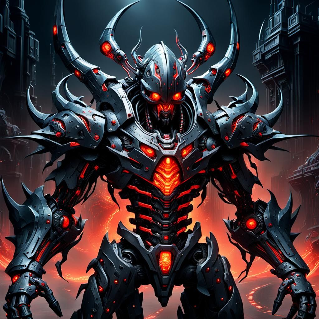 A biomechanical mecha influenced by the Abyssal Dominion, featuring a twisted, organic design that incorporates elements of the Abyss creatu...