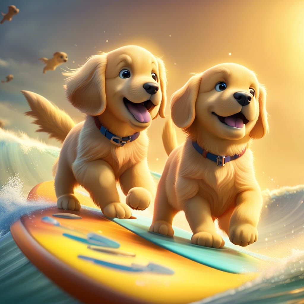 Golden Retriever Puppies Surfing: 3D Digital Art