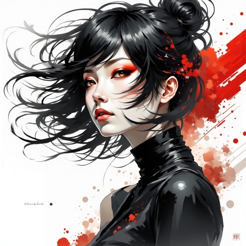 <lora:Genshin Ultra:1.0>; 8k; cell shaded comicbook style;  stunning asian urban womans face red makeup head and shoulders; stunning eyes; g...