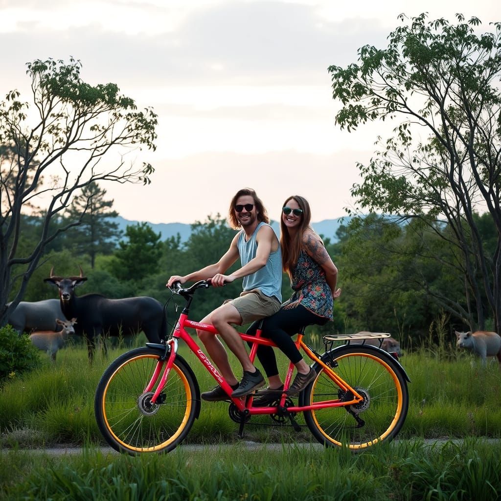 two happy hippies on a neon tandem bicycle in a lush wildlife area.    by @OldLarr