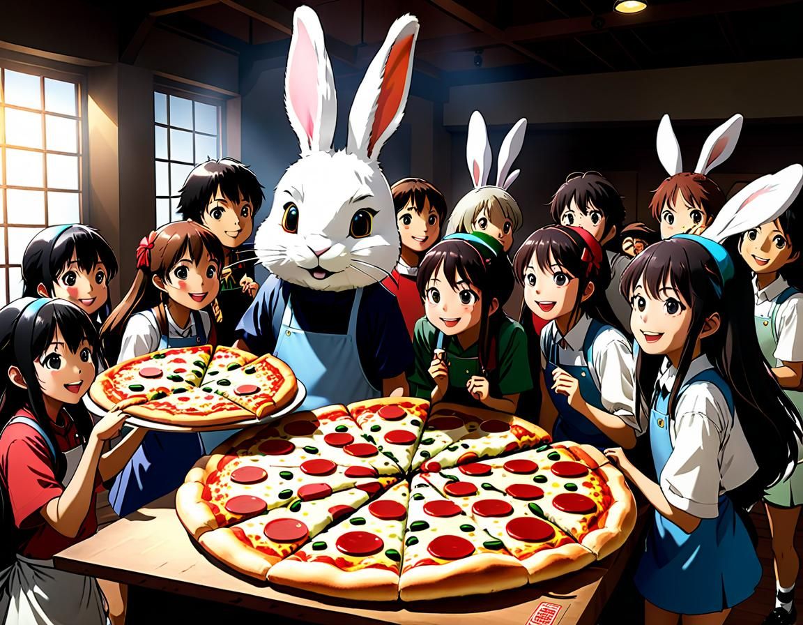 A group of kids has a Pizza Party led by a rabbit mascot.