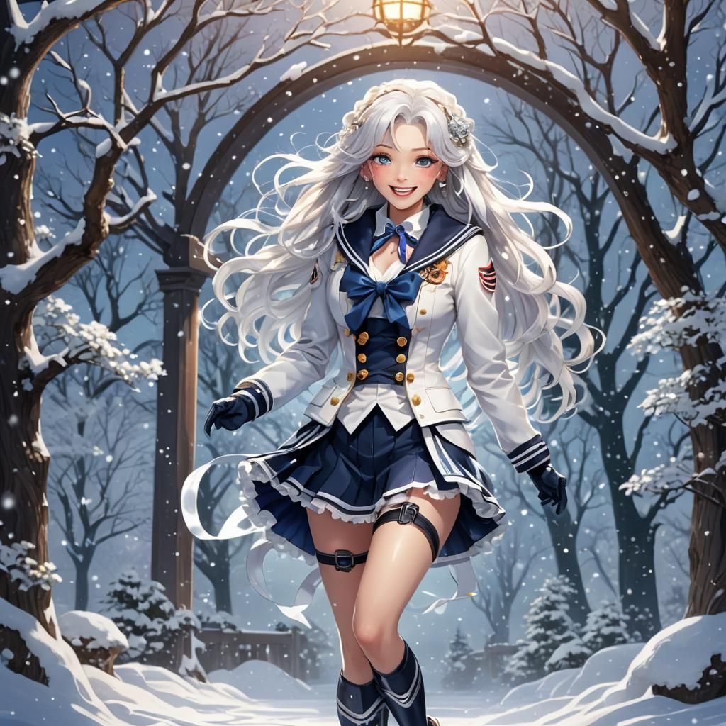 Anime Woman in Sailor Suit Surrounded by Snow