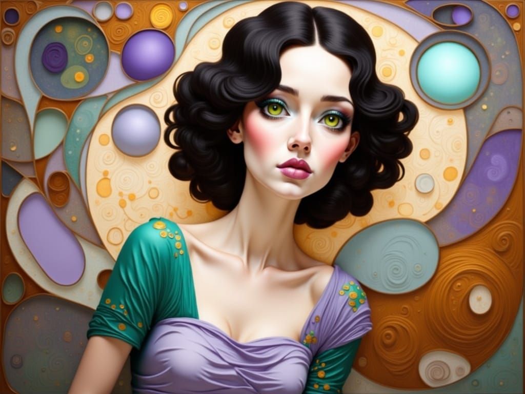 beautiful woman with beautiful green eyes Villagescape at Night/ England /mushroom fairy house/ sage and purple glitter space/ reflection/...