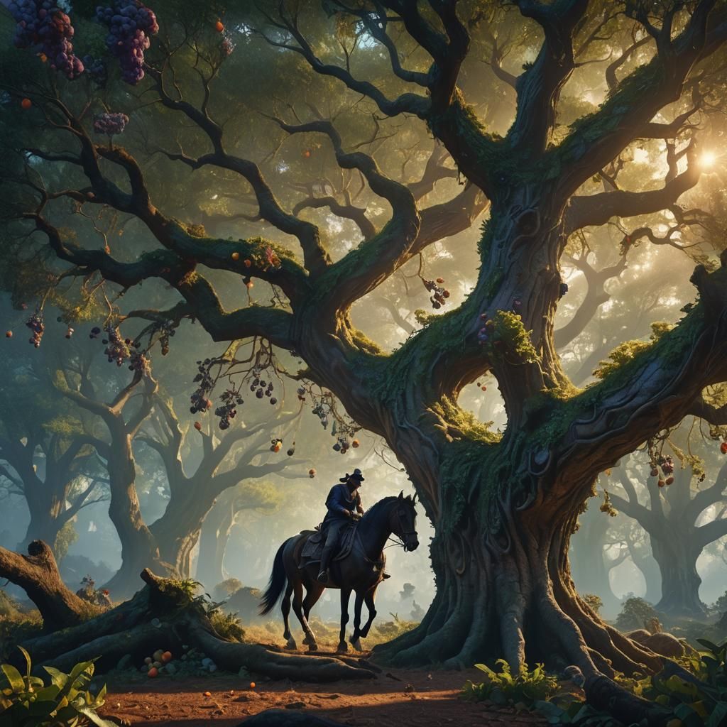 Man on Horseback Plucking Fruit in Fantasy Landscape