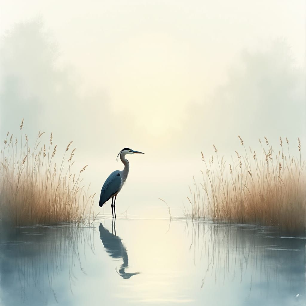 A solitary heron standing gracefully in a misty marsh at dawn, its reflection shimmering in the still water. Reeds sway gently in the breeze...