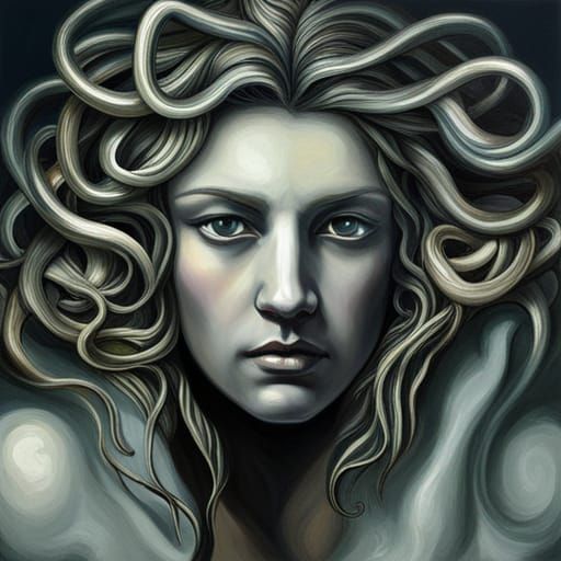 smooth oil painting of Medusa's snakelike hair, fierce expression, and ...