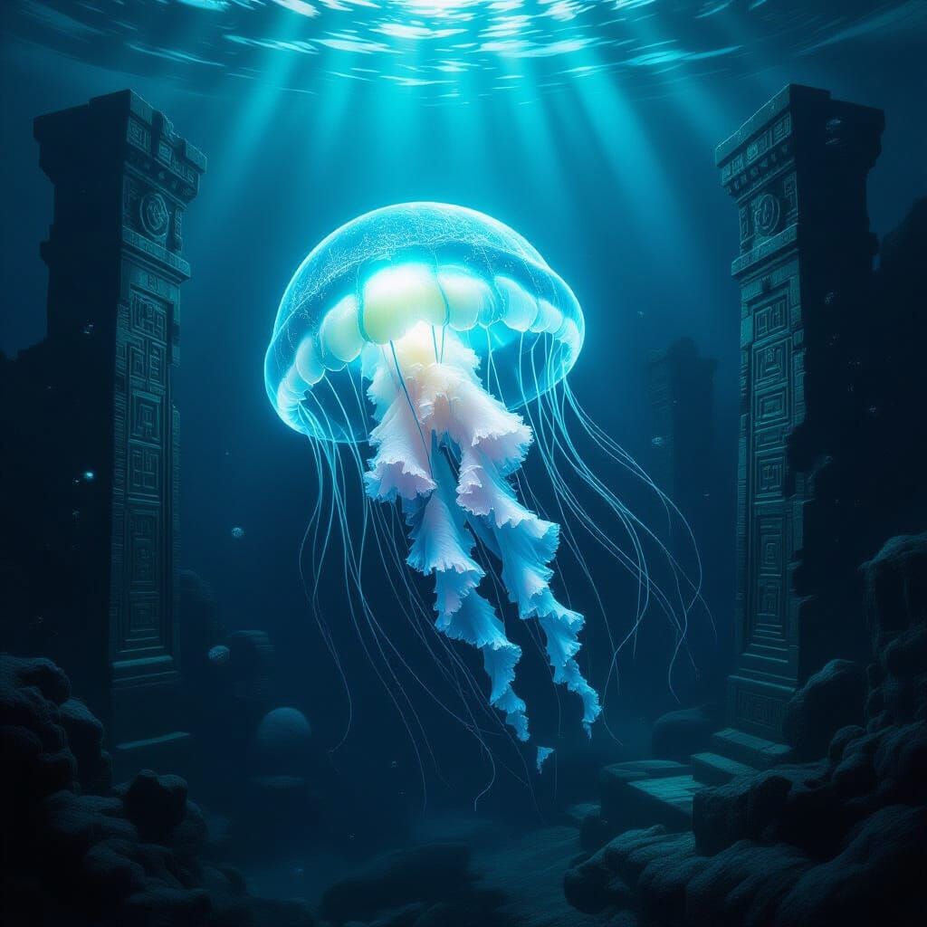 A majestic bioluminescent jellyfish drifts through a deep-sea trench, its tendrils casting an ethereal ...  by @undefined