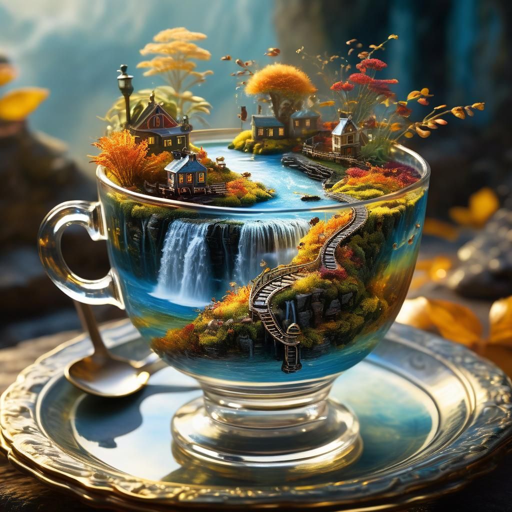 Miniature landscape atop a teacup