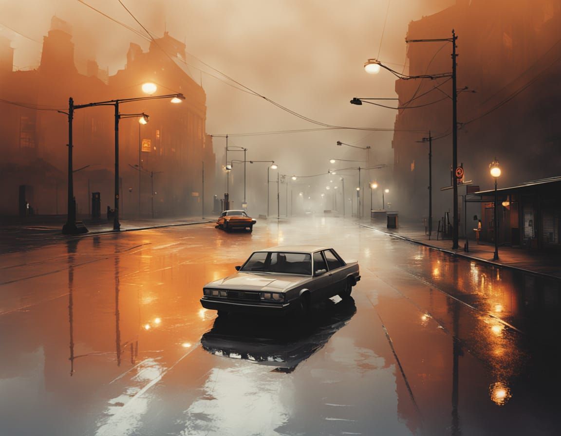 A street with American-style buildings, streetlights... a rainy street,